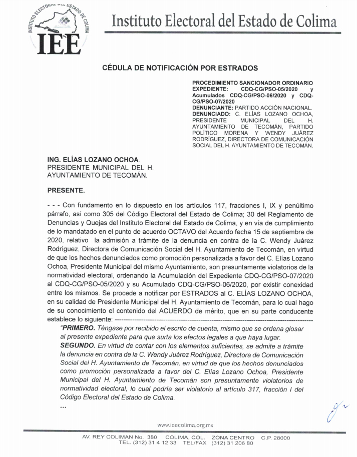 Cédula de Notificación para el Presidente Municipal de Tecomán